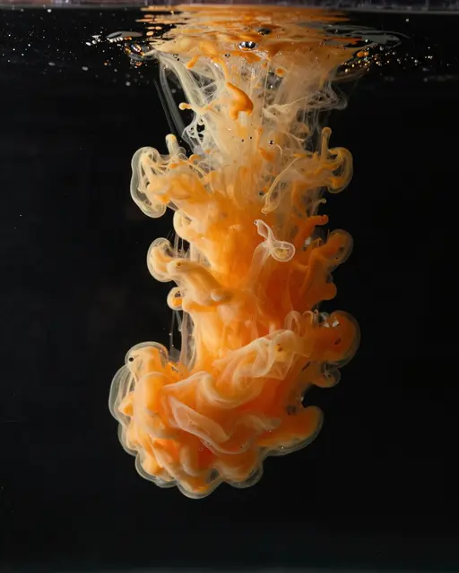 Swirling orange ink drifts downward through clear water against a solid black backdrop