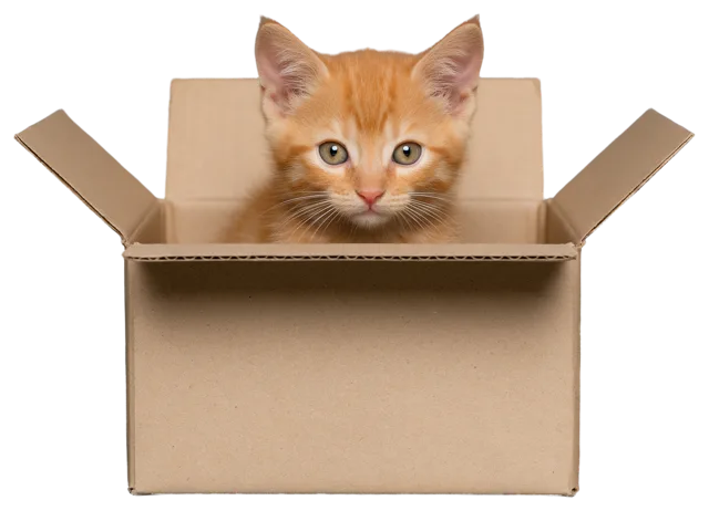 A fluffy orange kitten peeks out from inside an open plain cardboard box, looking directly at the viewer.