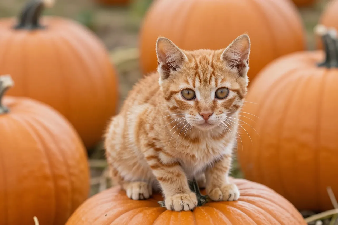 A fluffy orange tabby kitten sits perched on top of a round pumpkin in a pumpkin patch