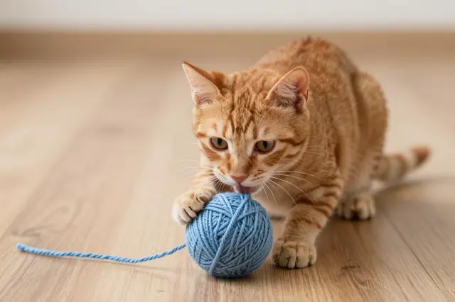 Ginger tabby kitten licks and holds a blue ball of yarn on a light wooden floor