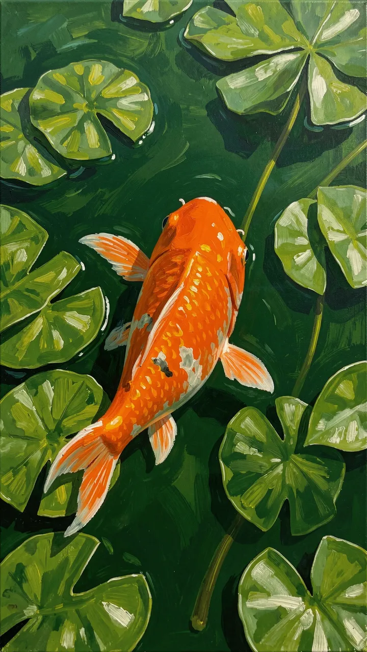 Acrylic painting of a bright orange koi fish swimming among green lily pads on dark pond water