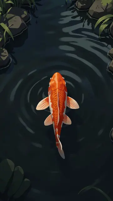 Top down illustration of an orange and white koi fish floating in a dark rippled pond bordered by stones and aquatic plants