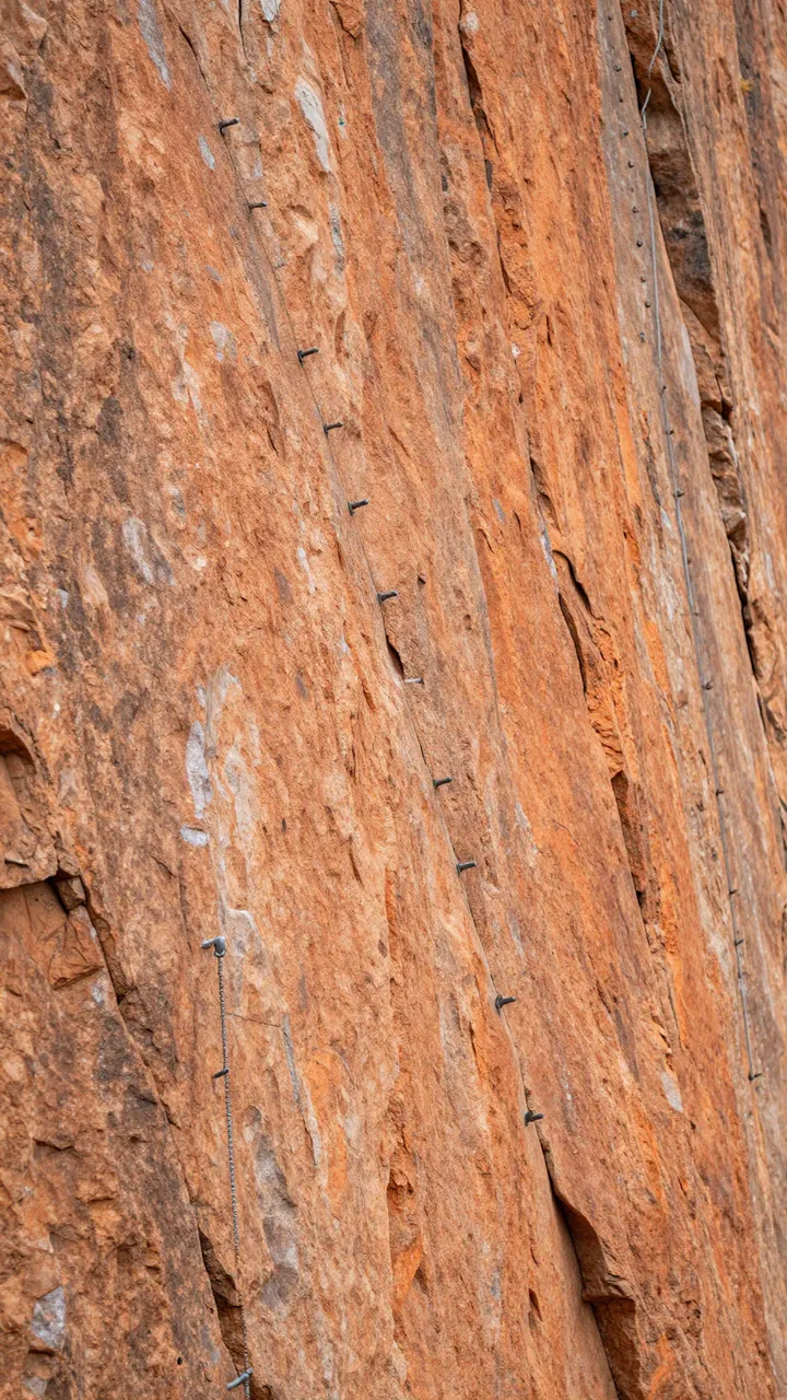 Vertical view of a sheer orange limestone climbing wall lined with metal climbing bolts.