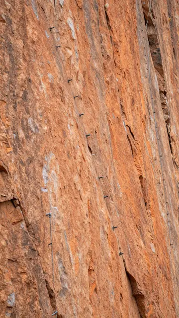 Vertical view of a sheer orange limestone climbing wall lined with metal climbing bolts.