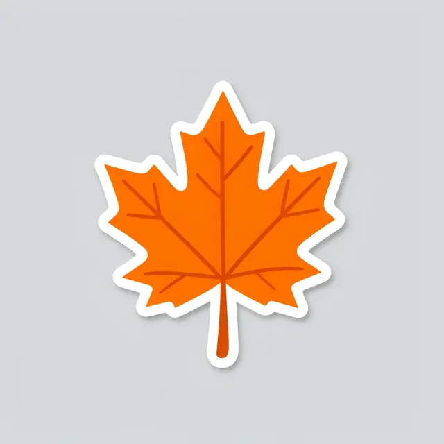 A flat die-cut sticker of an orange maple leaf with a white border rests on a light gray background