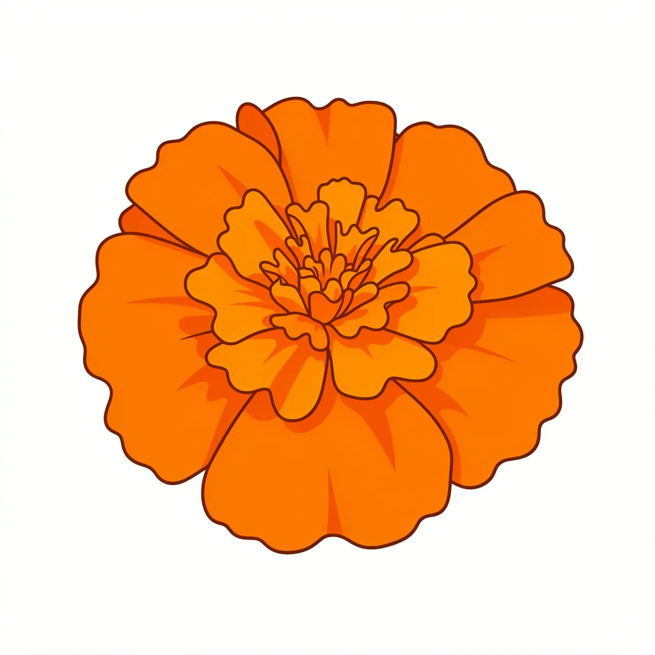 A flat illustration of a ruffled orange marigold isolated on a plain white background
