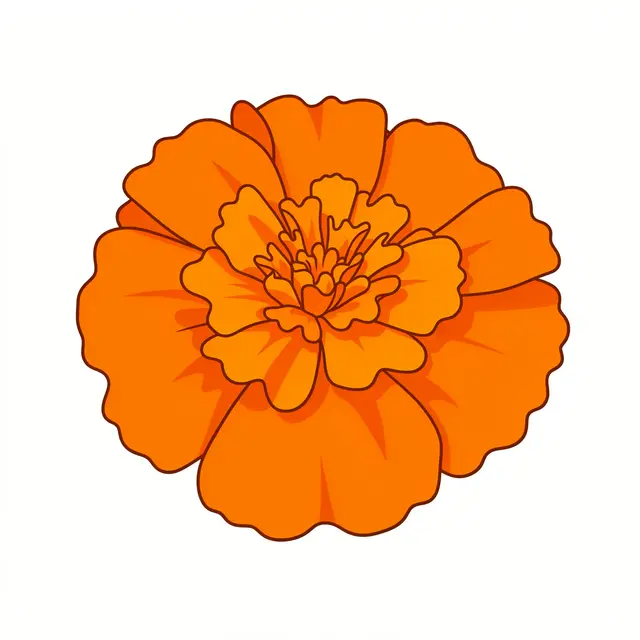 A flat illustration of a ruffled orange marigold isolated on a plain white background