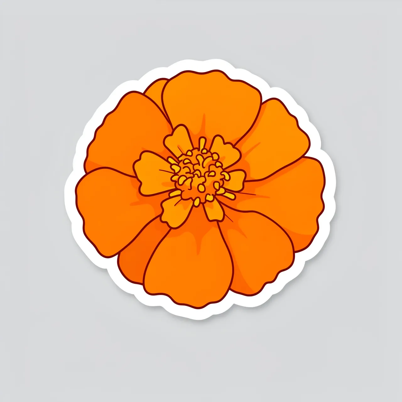 Die-cut sticker illustration of an orange marigold bloom on a plain light gray background