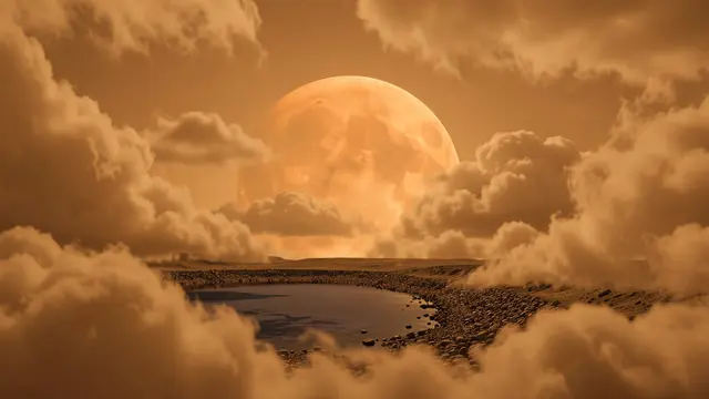 A large hazy orange moon rises above a pebbled methane lake shore framed by thick amber clouds