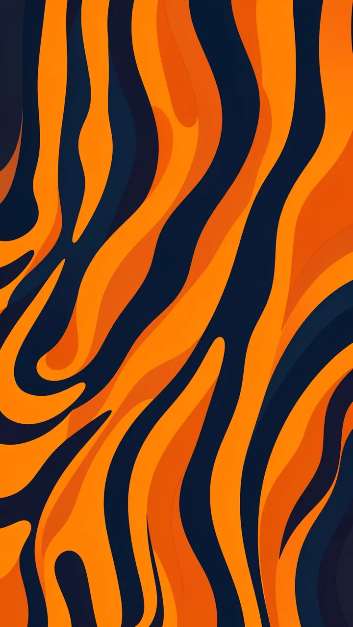 Vertical abstract op art with flowing downward curving bands of orange and deep navy blue