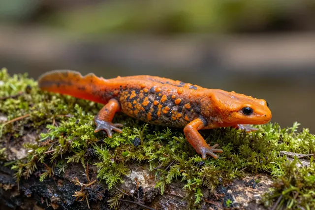 Bright orange spotted newt rests on lush green moss covering a damp decaying log