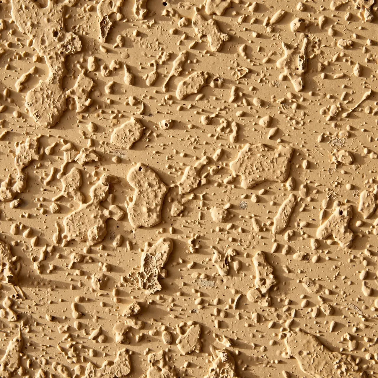 Full frame close-up of textured orange peel drywall lit by soft raking warm light