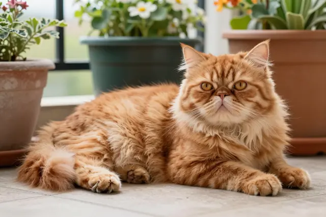 Long-haired red Persian cat lounges on a tiled balcony floor surrounded by potted flowering plants