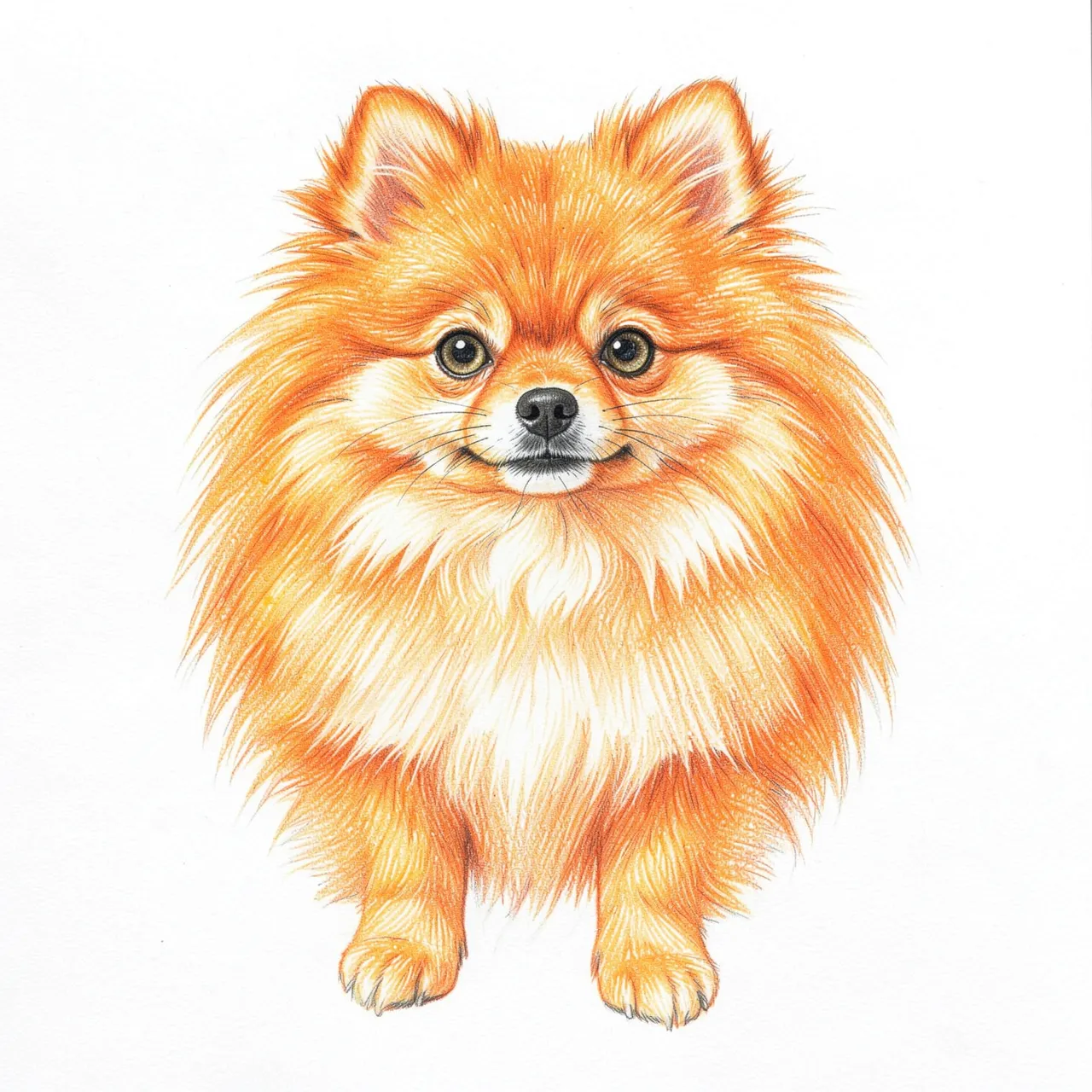 Detailed colored pencil drawing of a fluffy orange Pomeranian facing the viewer on plain white paper