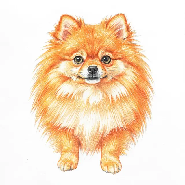 Detailed colored pencil drawing of a fluffy orange Pomeranian facing the viewer on plain white paper