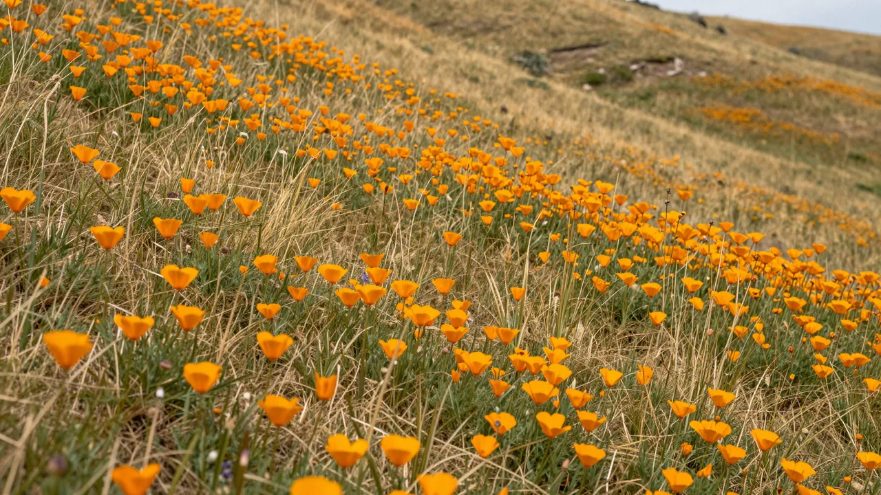 Dense bright orange wild poppies carpet a sloped dry golden grass hillside under pale sky