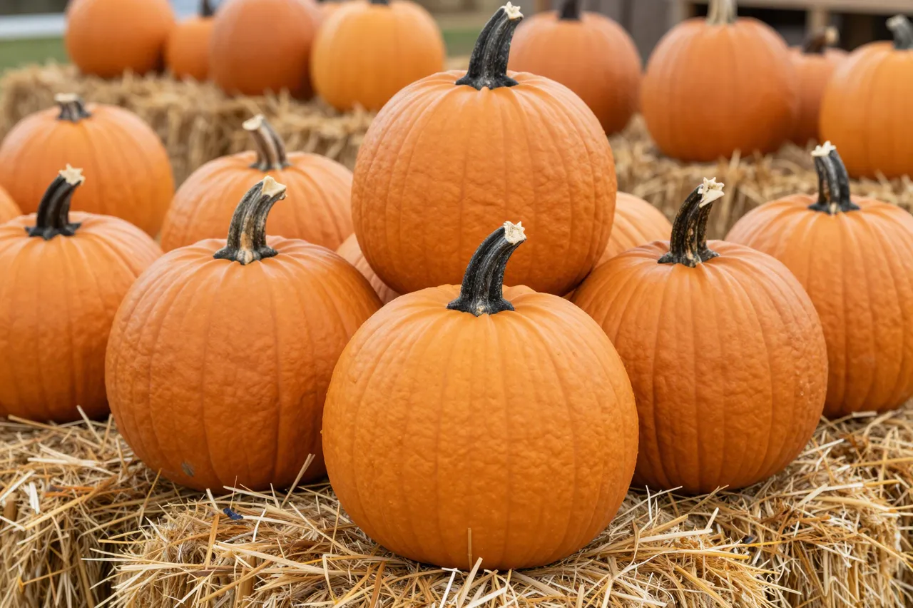 Bright orange pumpkins are stacked and arranged on dry straw hay bales at a farm market.