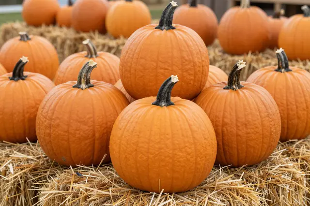 Bright orange pumpkins are stacked and arranged on dry straw hay bales at a farm market.