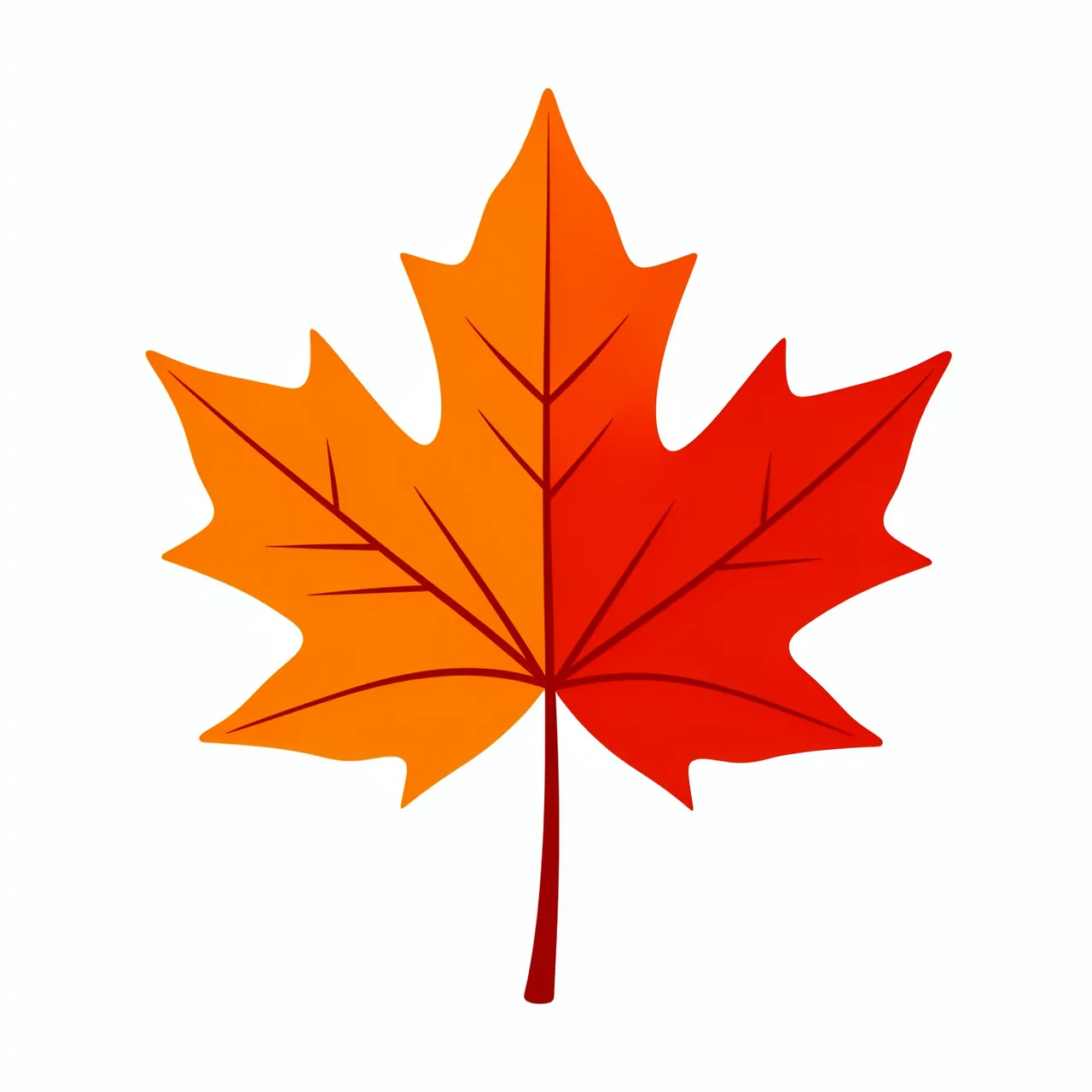 Flat clipart illustration of a gradient orange to red maple leaf isolated on a plain white background