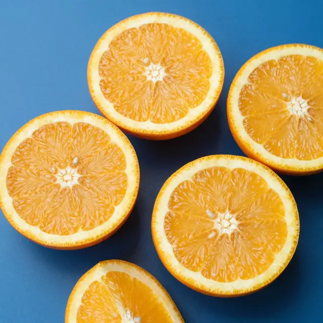 Top-down view of fresh cut orange halves arranged on a solid deep blue surface