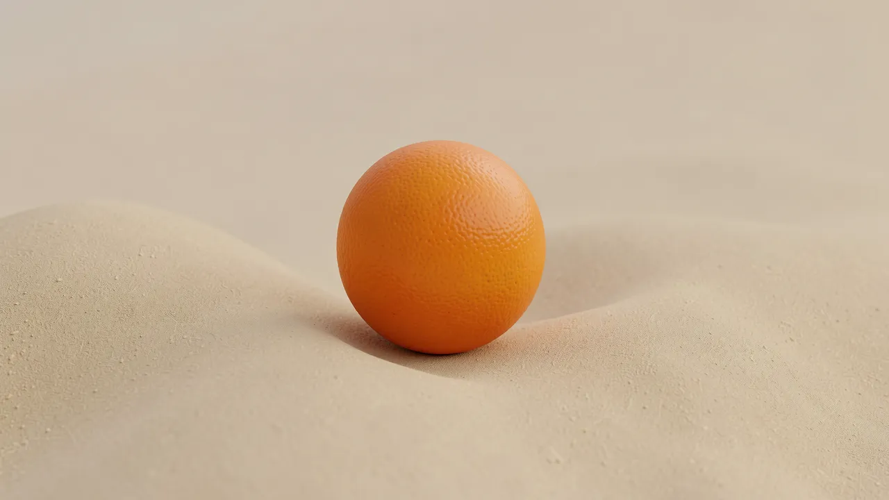 A textured orange sphere rests centered on a smooth curved sand-colored surface