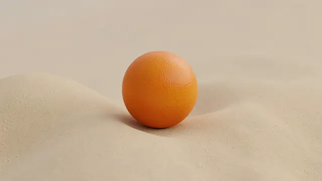 A textured orange sphere rests centered on a smooth curved sand-colored surface