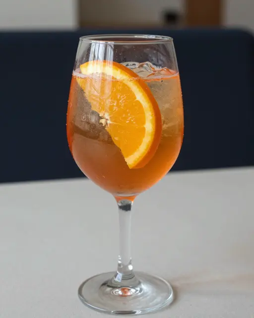 A bubbly orange spritz cocktail with an orange slice garnish sits in a large stemmed wine glass on a table.