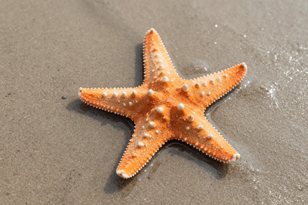 Textured orange starfish with white nodules rests on smooth damp beach sand