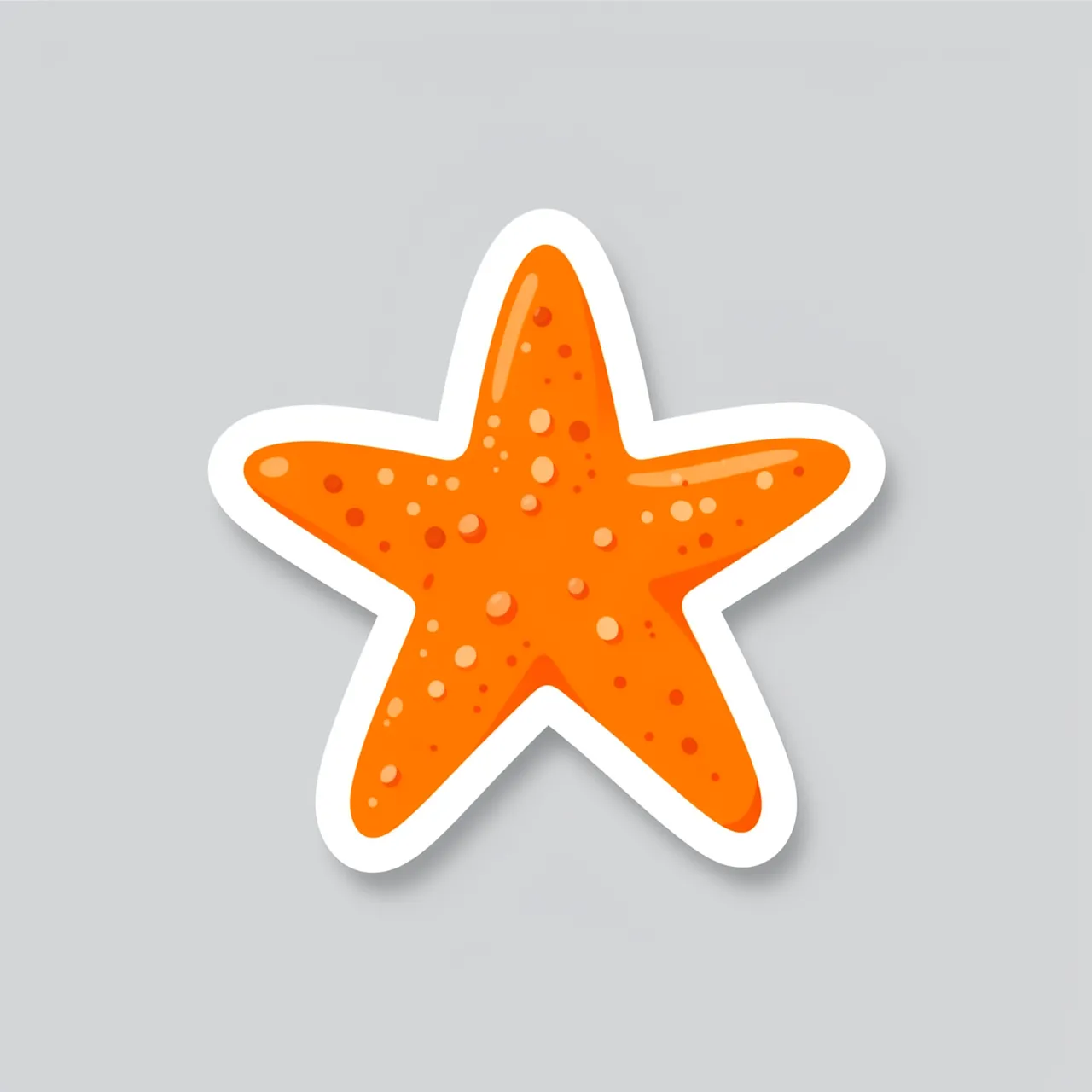 Cute die-cut sticker of an orange dotted starfish with a thick white border on a plain light gray background