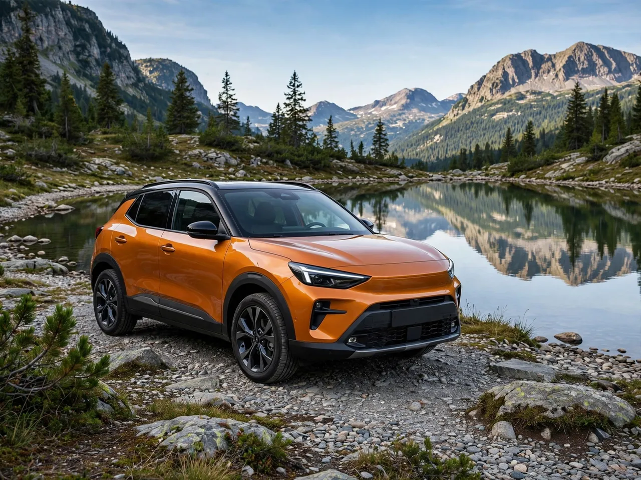 An orange compact SUV parked on a rocky shore beside a calm mountain lake with alpine peaks in the background.