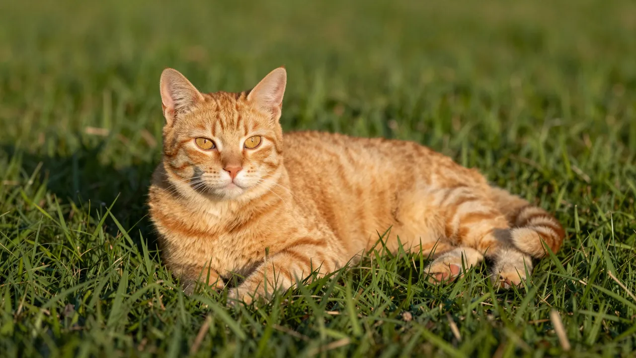 Ginger tabby cat rests on green grass, lit by warm golden hour sunlight while looking directly at the camera.