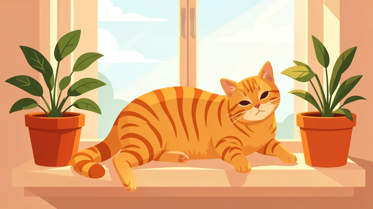 A stretching orange tabby cat rests on a sunlit windowsill flanked by potted houseplants