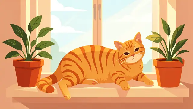 A stretching orange tabby cat rests on a sunlit windowsill flanked by potted houseplants