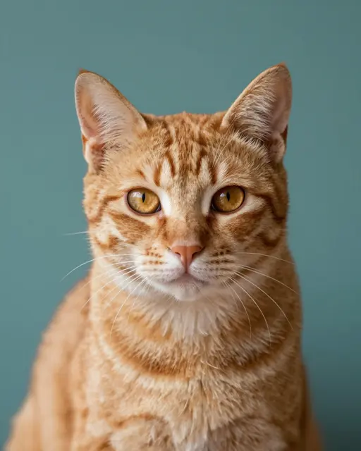 A close-up portrait of an orange tabby cat with amber eyes facing the camera against a teal wall