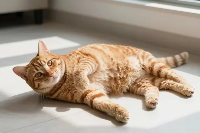 Orange tabby cat rests partially on its side in a bright sun patch on a light tile kitchen floor looking at the camera