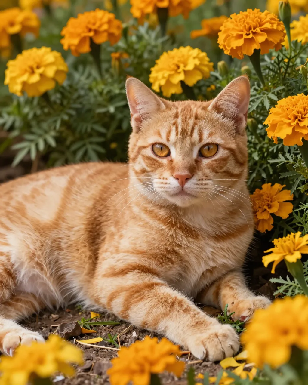 Orange tabby cat with amber eyes lies among bright marigold flowers in sunny garden light