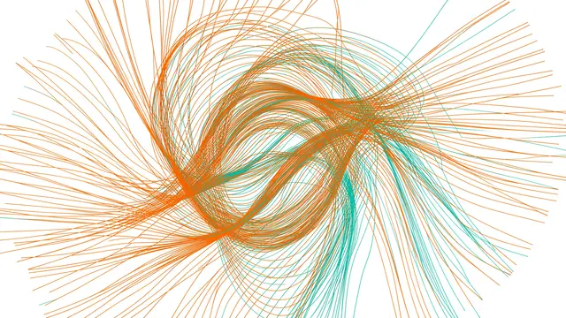 Interwoven thin orange and turquoise generative flow lines form a swirling abstract pattern on a white background