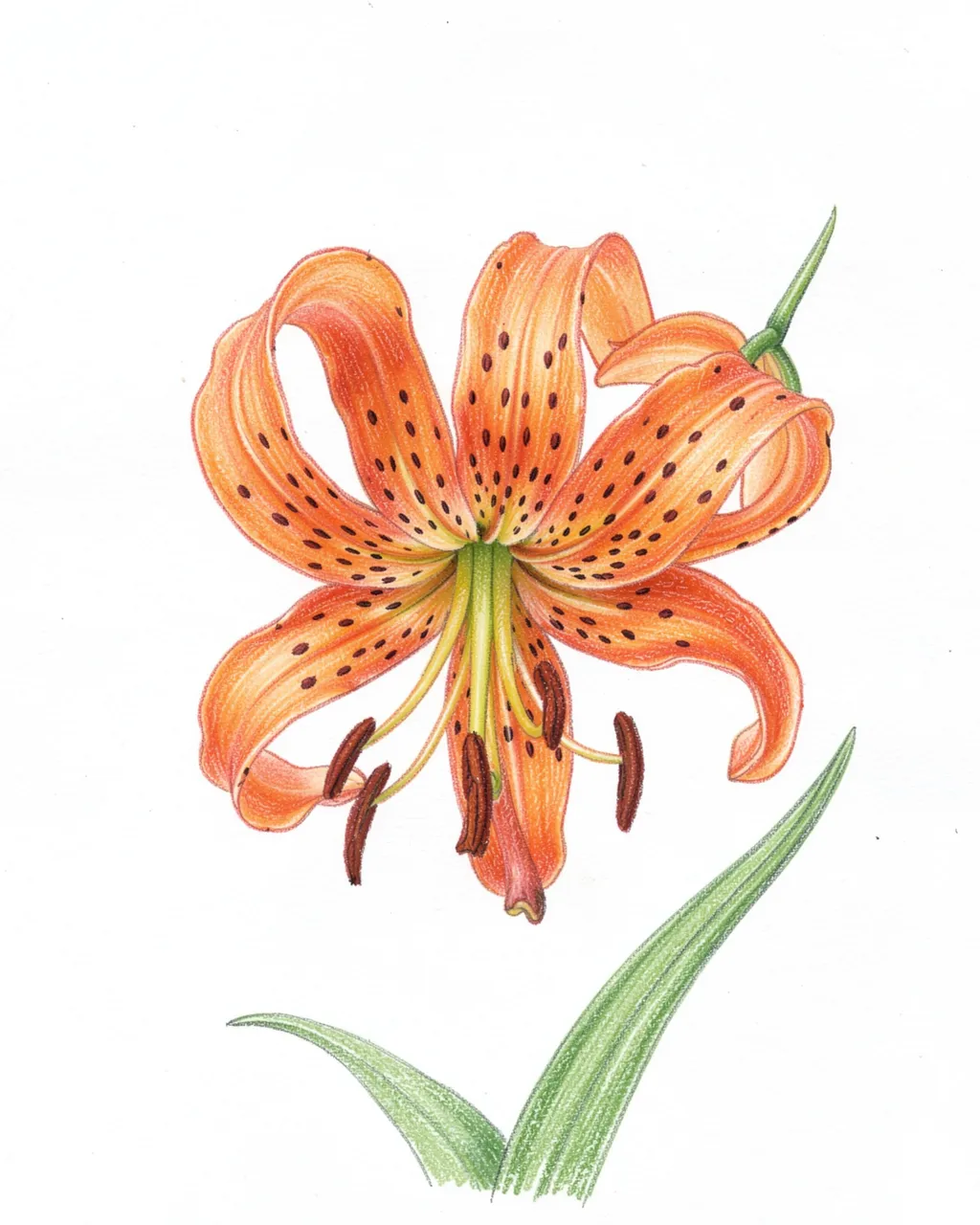 Detailed colored pencil illustration of a spotted curled orange tiger lily on white paper