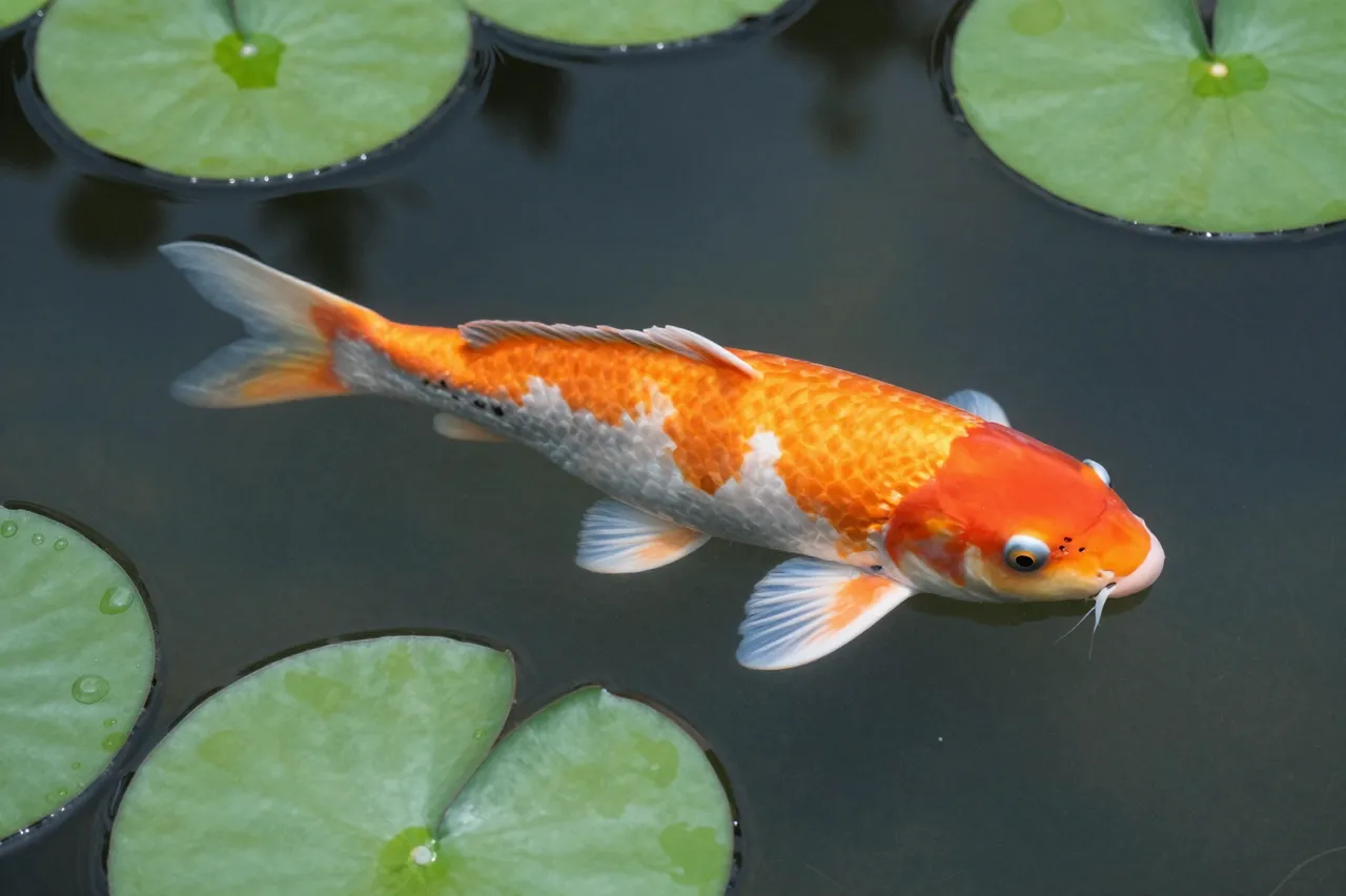 Top view of an orange and white koi swimming among green lily pads on dark pond water