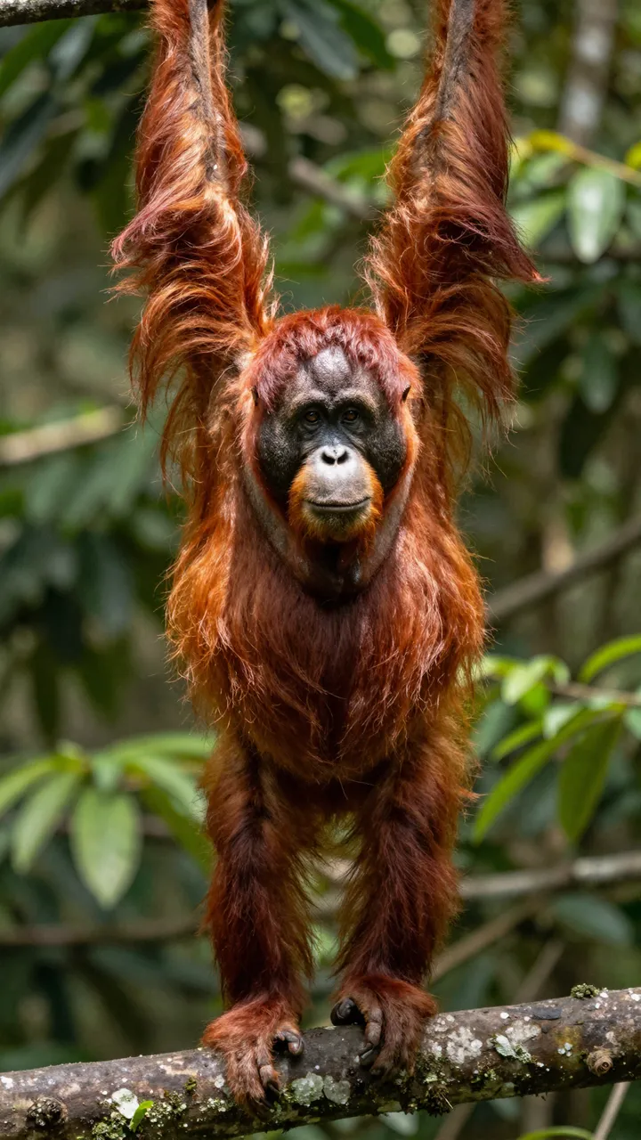 An orangutan with long reddish hair hangs from an overhead branch while standing on a forest limb in dappled sun.
