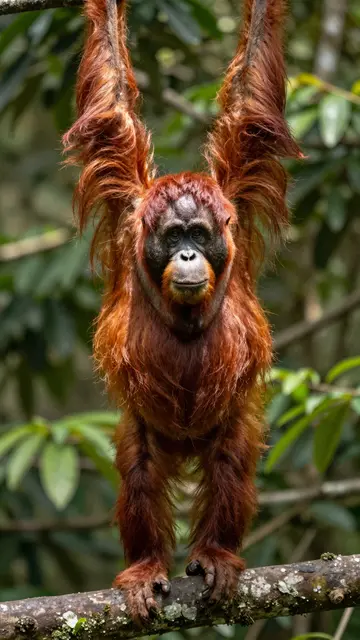 An orangutan with long reddish hair hangs from an overhead branch while standing on a forest limb in dappled sun.