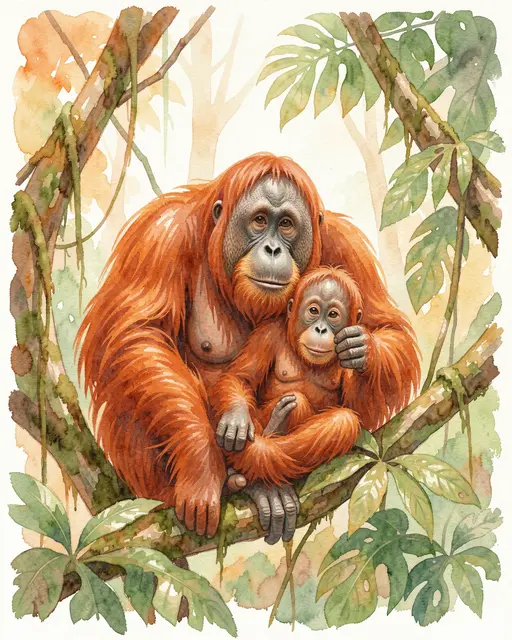 Watercolor painting of an orangutan mother holding her baby while sitting in a rainforest tree canopy
