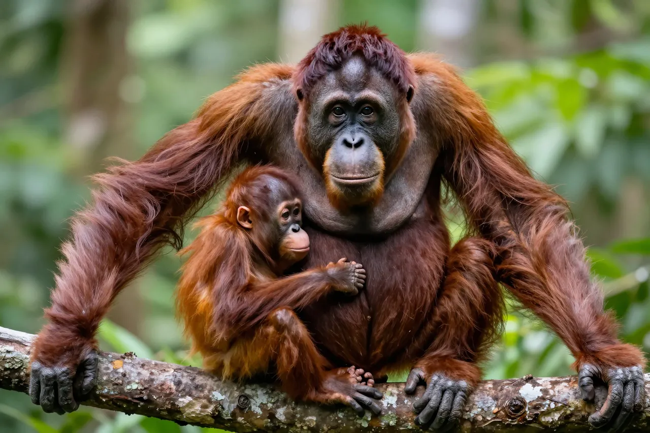An adult orangutan sits on a rainforest branch with her infant clinging close to her chest