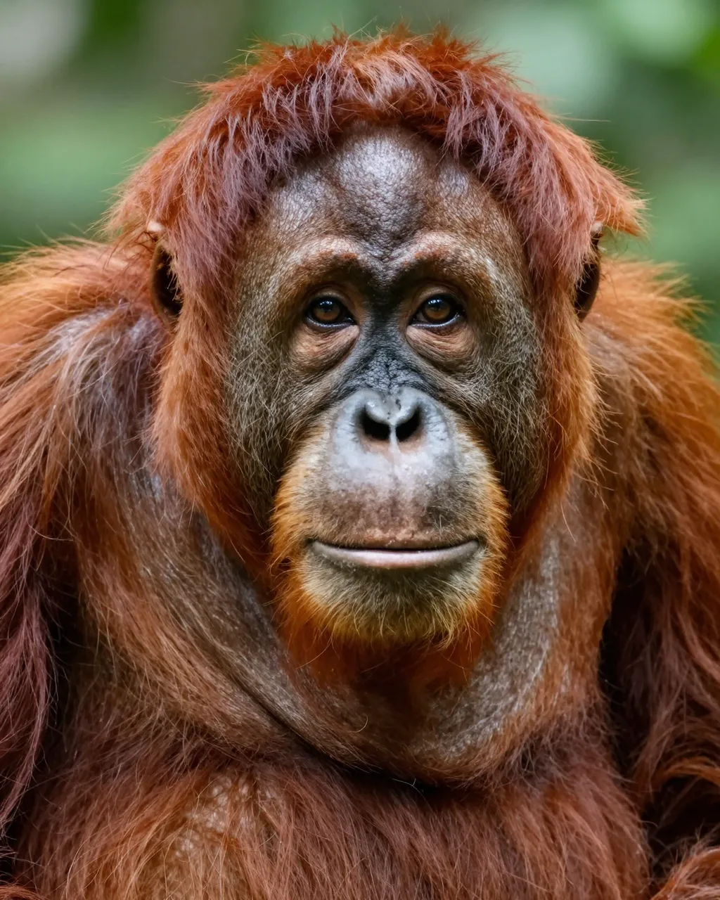 A close-up portrait of an orangutan with long orange fur gazing calmly at the viewer