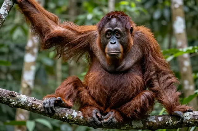 A reddish-brown orangutan sits perched on a tree branch in a lush tropical rainforest.