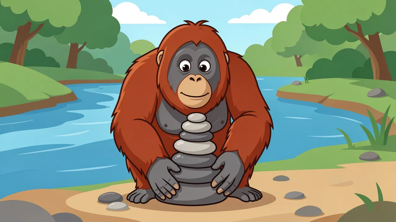 A cute cartoon orangutan sits by a river holding a balanced stack of smooth stones.