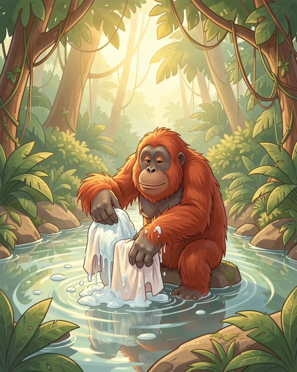 A cartoon orangutan sits on a stream rock scrubbing soapy laundry in warm sunlit jungle surroundings.