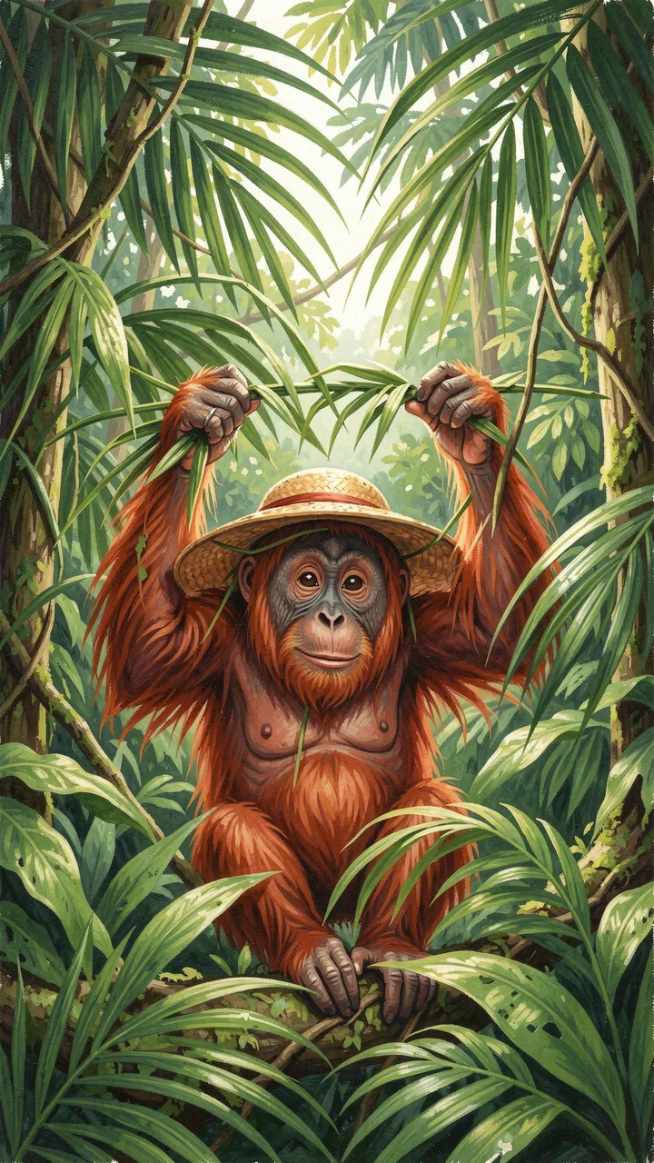 A cute orangutan wearing a straw sun hat holds palm leaves while sitting in a rainforest treetop.