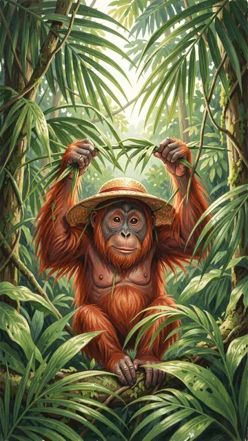 A cute orangutan wearing a straw sun hat holds palm leaves while sitting in a rainforest treetop.