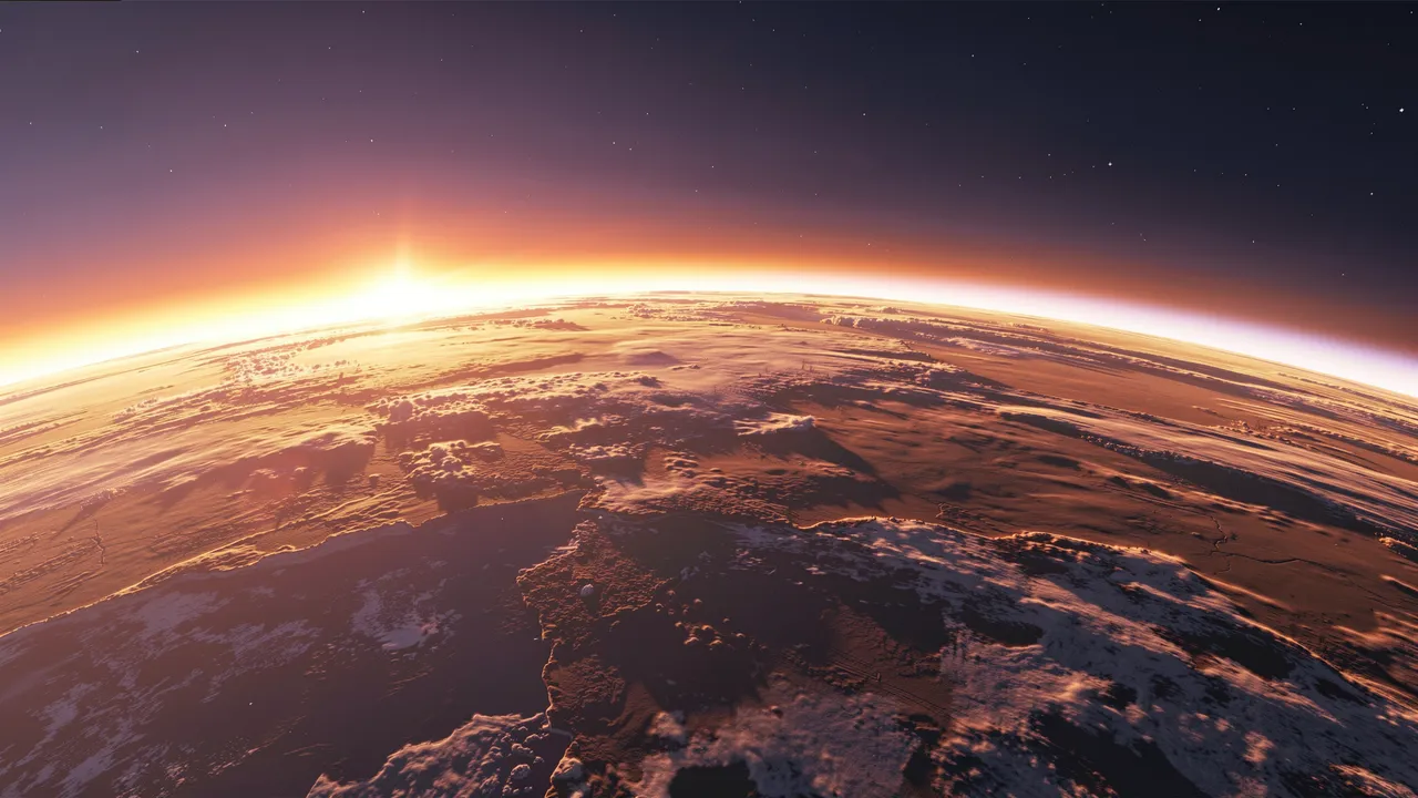 Golden sunrise glows over the curved limb of Earth seen from outer space, with scattered clouds and distant stars.